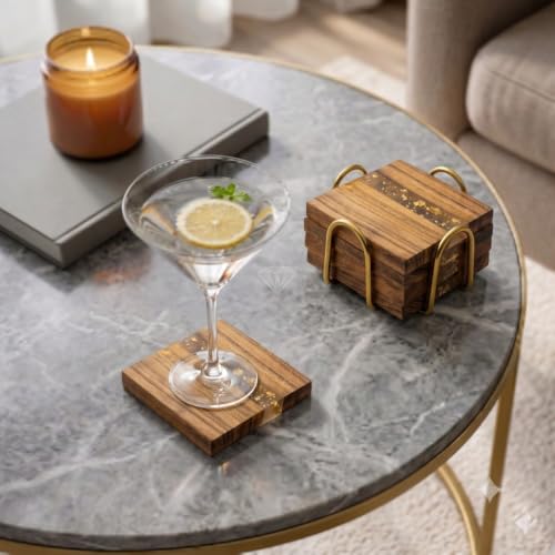 Image of Coaster Set of 4 for Dining Table with Holder (Golden Elegance with Holder)
