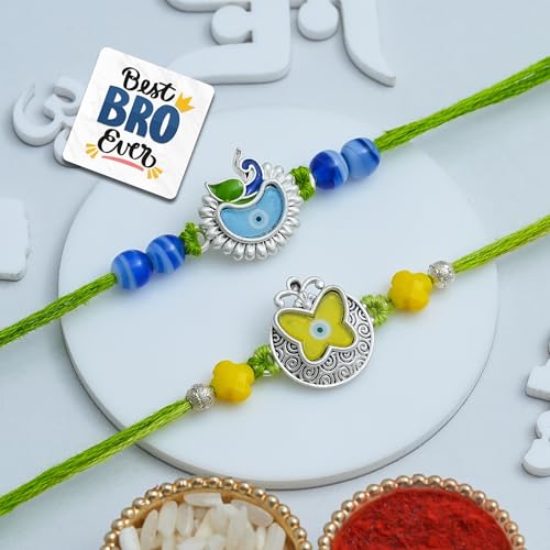 Image of eCraftIndia Beautiful Butterfly Peacock Designer Rakhi Set of 2 | Rakhi for Brother Bhaiya Bhai with Best Bro Ever Fridge Magnet | Roli Chawal Pack