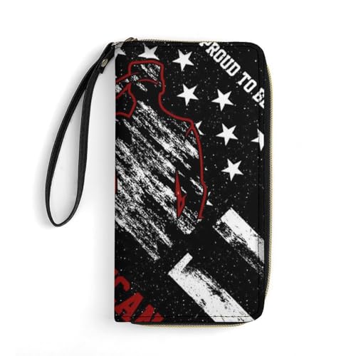 Women's High Capacity Travel Wallet Water-resistant Vintage Retro Veteran Proud Red Line American Flag Black Leather Wallets with ID Pockets and Multiple Card Slots
