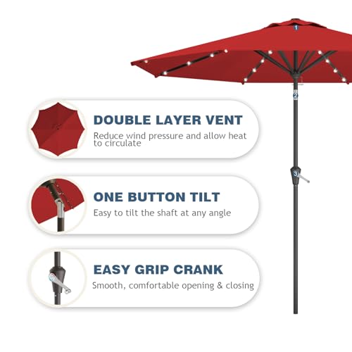 Image of 9FT Patio Umbrella with Solar Lights,Outdoor Market Umbrella with Tilt and Crank, LED Lighted Table Umbrella for Garden,Deck,Backyard,Pool,Beach (Red)