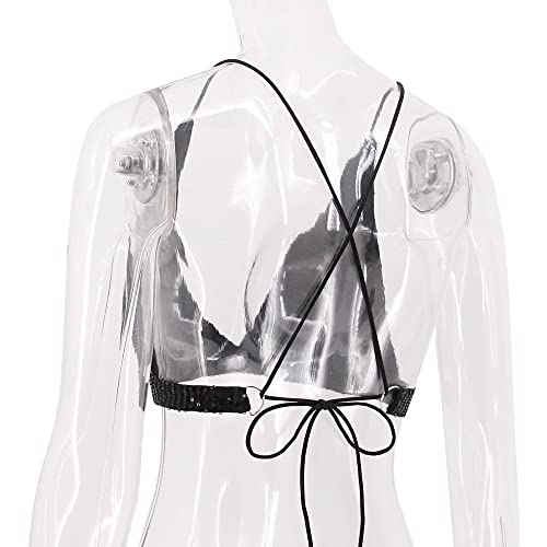Women’s Sexy Sequin Crop Top V Neck Bandage Tank Top Bustier Cami Dance Bra Top for Club Rave4