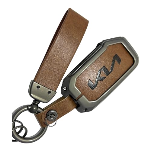 Image of Zinc Metal Alloy Leather Car Key Cover & Case Brown with Keychain & Holder Compatible for KIA Seltos, Sonet, Carens (4 Button Push Smart Key)