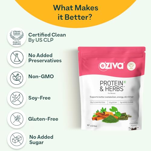 Image of OZiva Protein & Herbs for Women (Chocolate) I Manage Weight, Energy & Metabolism | Clean Protein, Shatavari, Green Tea I No Added Sugar, 2lbs (907gm)