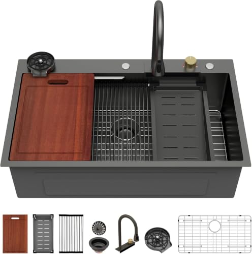 Sarlai 36 Inch Waterfall Kitchen Sink Drop In Black Workstation Sink 36x22