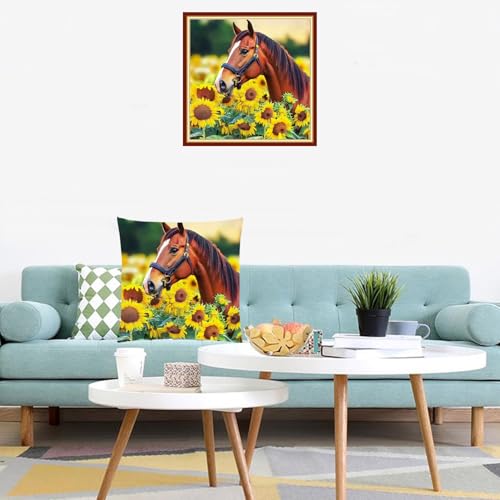 Image of Lovxvouy Pillow Cross Stitch Kits for Adults Beginners-Preprinted Needlepoint Kit Stamped Crossstitching Kits 11CT Cross-Stitch Kit Stitches Kit Embroidery Kits-Sunflower and Steed 18x18 inchs