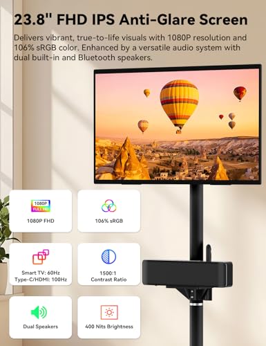 Image of HotYeah Portable Smart TV on Wheels, w /Detachable Bluetooth Speaker, EDLA-Certified, 23.8 inch 1080P FHD 2-in-1 Rolling TV & Monitor, 10000mAh Battery, Voice Control, USB-C & HDMI, Full Swivel Rotation