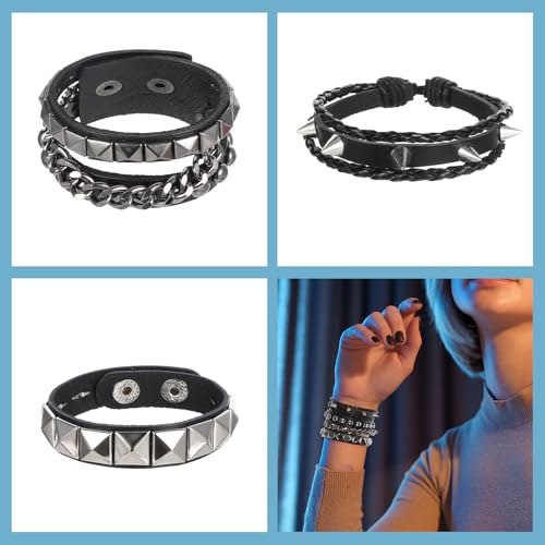 4 Pcs Punk Rock Leather Studded Bracelets for Men Women Spike Bracelets Cuff Bracelet Adjustable Emo Punk Rock Leather Goth Accessories 80s Wristband Bracelet for Rocker Outfits4