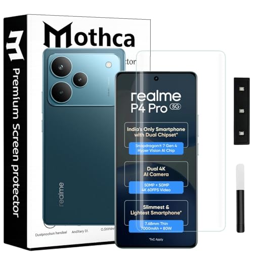Image of Mothca Premium Curved UV Tempered Glass Screen Protector for Realme P4 Pro 5G | HD Clear | Full Screen Coverage (Pack of 1)