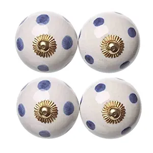 METIER Clay Art White Round Hand Painted Ceramic Door Knobs, Pulls, Cabinate Handle. Set of 4 pcs