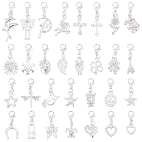 nbeads 30 Pcs Pendentif à Clip, Pendantes de Styles Mixtes Breloques en Métal Tibétain Pendentif en Alliage avec Fermoir Mousqueton pour Marqueur de Point...