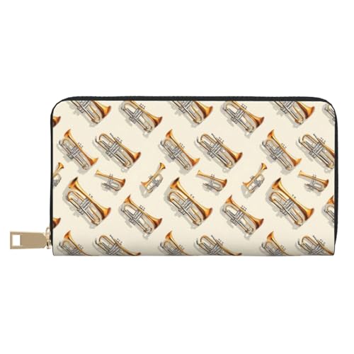 Leather Thin Slim Wallets for Women & Men - Classic Trumpet Music Print Card Wallet Holder with Zipper