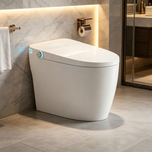 Inodoro inteligente de una pieza con bidé, apertura y descarga automáticas por radar y sensor de pie, asiento calefactado con agua caliente instantánea, boquilla autorreparable, descarga sin energía y luz nocturna para baño