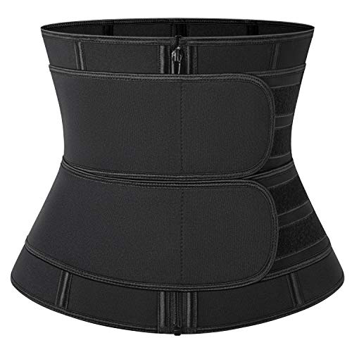 Neoprene Sauna Waist Trainer Corset Sweat Belt with 2 Straps for Women Double Compression Workout Trimmer Back Support Fajas,#2 Zipper Black,Medium