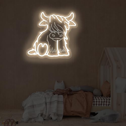 Image of Cute Highland Cow Sitting Neon Sign, Baby Cow Sign, Cute Kid Room Decor, Farmhouse Decor, Gift for Kids, 13 inchx13 inch