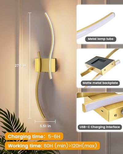 Image of NIORSUN 27.6 Inch Battery Operated Wall Sconce Set of 2, Gold Modern Rechargeable Wall Lights with Remote, 3CCT Dimmable Wireless Wall Lamp for Living Room Bedroom Hallway