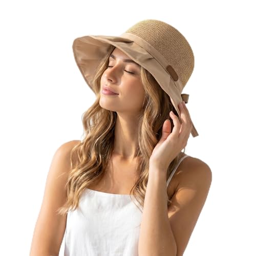 Sun Hats for Women UK Bucket Sun Hat with Wide Brim Womens Sunhats for Camping Comfortable and Versatile Ladies Sunhat with Bowknot Summer Packable Hats for Women Outdoor UV Protection (Khaki)