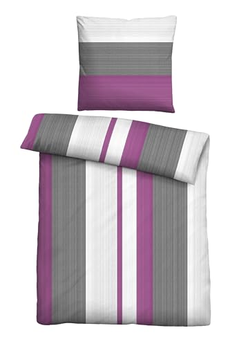 Traumhaft schlafen - Castell - Markenbettwäsche Bettwäsche Thermo-Fleece 0360459 Streifen 1x 135x200 cm + 1x 80x80 cm, brombeer