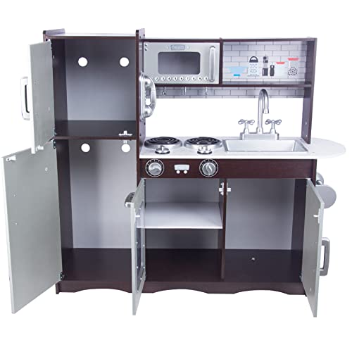 Kitchen Playset for Kids Ages 3-8, Wooden Pretend Play Kitchen with Realistic Sounds, Including Telephone, Ice Maker, Refrigerator, Dimensions: 35” H x 31” W x 12” D (Black)