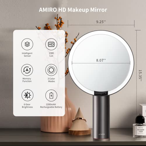 Amiro 9" Lighted Makeup Mirror With Smart Sensor & Touch-Control, 3 Colors & 6 Brightness Hd Vanity Mirror With Lights, Rechargeable & Cordless, Memory Function, Free Rotation, Gift For Woman - Black #TOP4