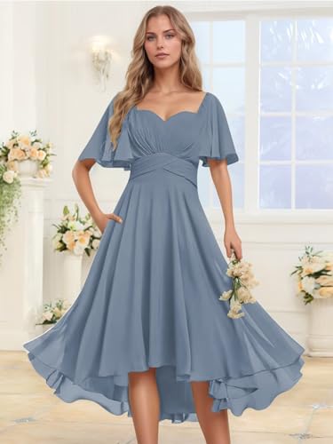 Sweetheart High Low Bridesmaid Dresses for Women Short Sleeve A-Line Chiffon Formal Party Gowns with Pockets4