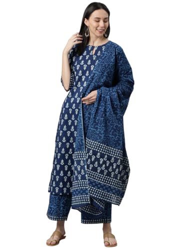 Image of Libas Printed Cotton Straight Kurta With Palazzo and Dupatta