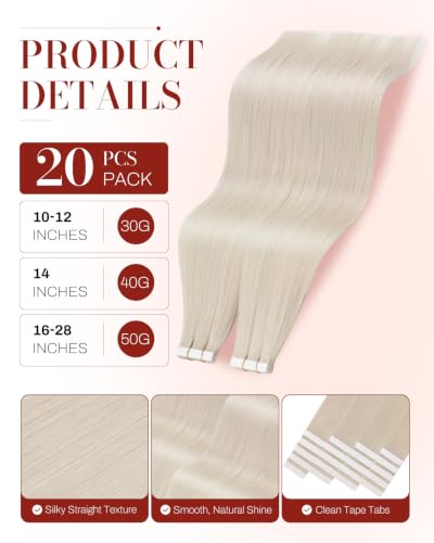 Image of Moresoo White Blonde Tape ins Extensions, 24 Inch, 20Pcs, 50g | Invisible tape ins extensions, remy straight hair, extra long length, add length, lightweight wear, party and wedding style