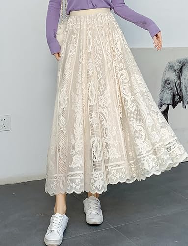 Kisidoo Women's High Waist Pleated A-Line Long Maxi Lace Skirt2