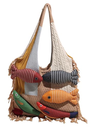 Women's Boho Fish Silhouette Knit Shoulder Bag Fringe Detail Underarm Purse Fashion Shoulder Purse