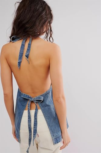 Women Y2K Backless Denim Vest Sexy Button Down Halter Jean Vest Tie Back Sleeveless Denim Corset Tank Top3