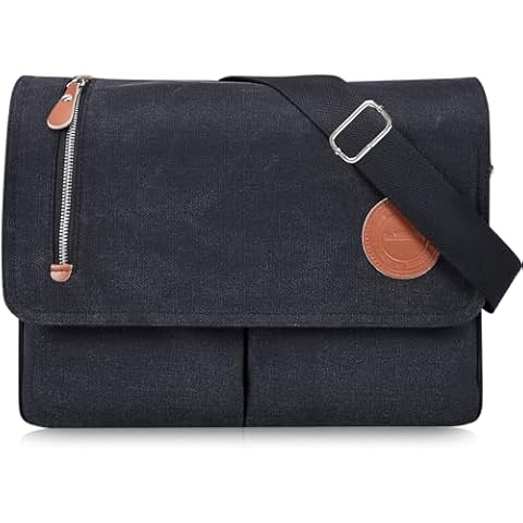 CAAORDKSO Vintage Canvas Satchel Messenger Bag for Men Women Small Crossbody Bag Travel Shoulder Bag 13.3" Laptop Bag Bookbag (Black) Cover