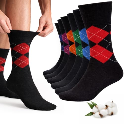 6 or 12 Pairs Non-Elastic Diabetic Socks for Mens Cotton Rich | Loose Top Socks for Swollen Feet and Ankles Home & Office Wear 6-11 (UK Numeric 6 11 Regular Regular 6 Pairs Black Argyle)