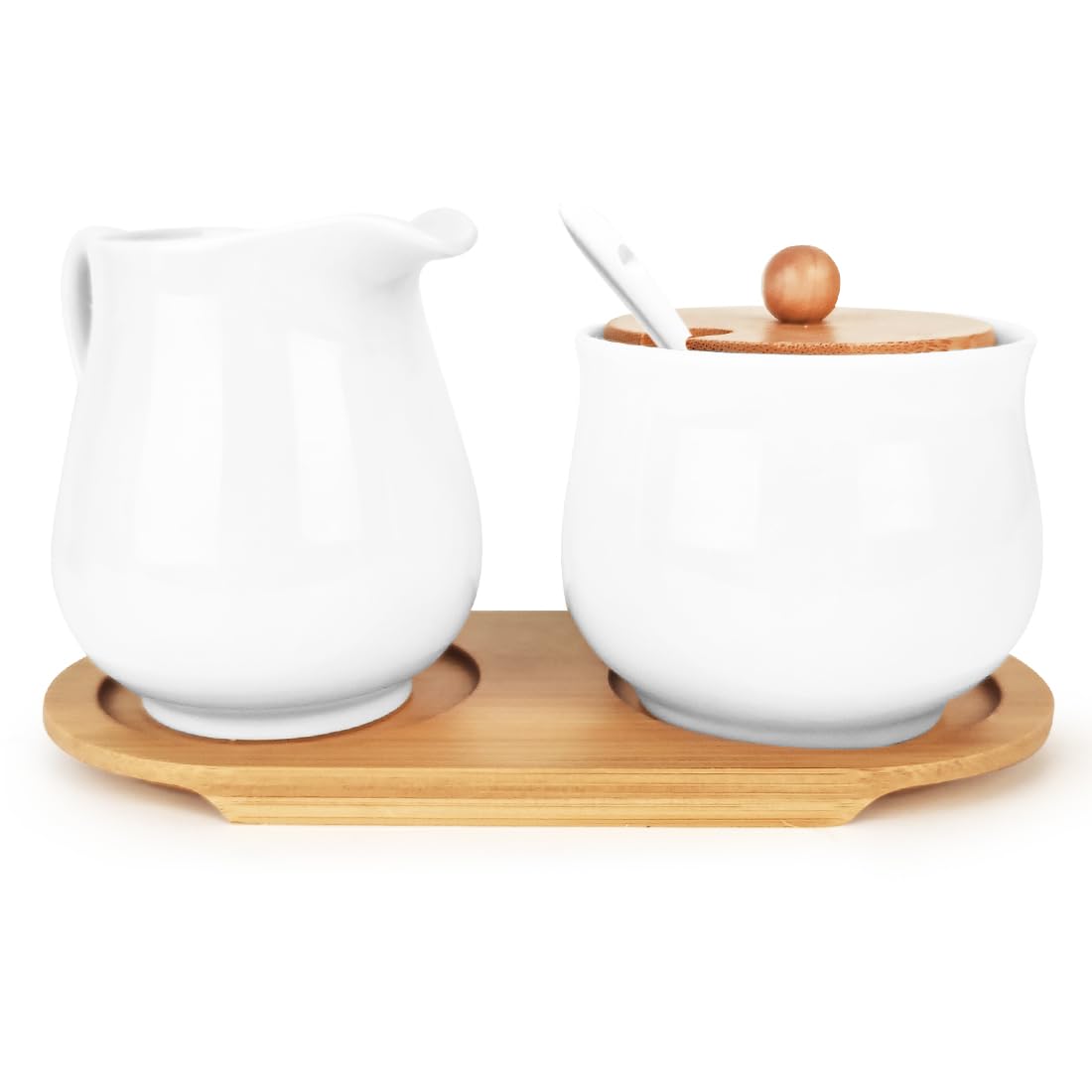 Juego de leche y azúcar, jarra de leche blanca de porcelana y azucarero con tapa y cuchara, recipiente de cerámica para leche y azucarero con bandeja para cocina y café, apto para lavavajillas y