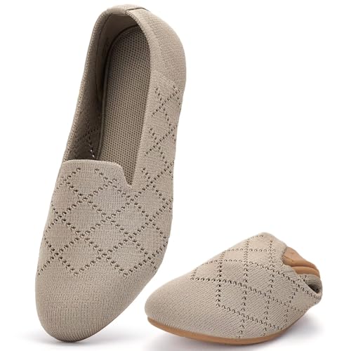 poemlady Women’s Ballet Flat Shoes Dress Knit Round Toe Slip On Ballerina Walking Flats for Woman Low Wedge Casual Comfort Soft A/Khaki