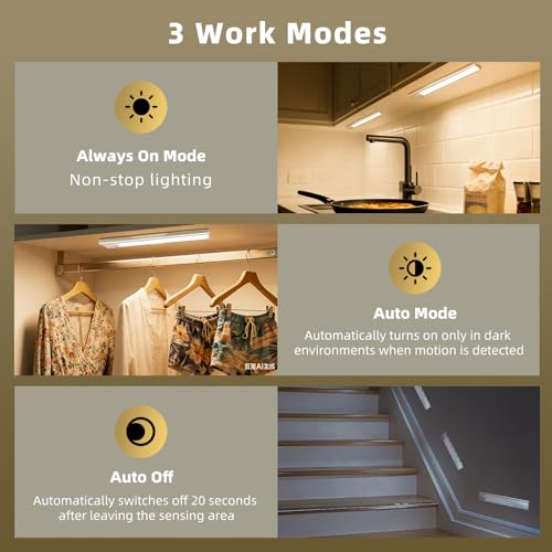Image of 12inch Under Cabinet Lighting, 4 Pack Rechargeable Motion Sensor Light Indoor, Wireless Dimmable Magnetic Closet Lights, 50 LED Under Counter Lights for Kitchen, Wardrobe, Stairs, Warm Light