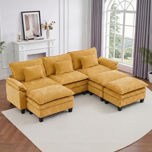 Image of IPKIG 117 inch Modular Cloud Couch with Storage, C Shaped Sectional Sofa | 3 Seater Yellow Chenille Deep Seat Sectional Couches with Ottoman and Pillow for Living Room, Apartment