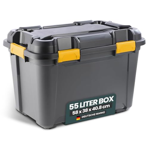 Kreher® Lagerbox Bunker Tough Aufbewahrungsbox mit Deckel und Silikondichtung (IP67/IPX7). Aus robustem Kunststoff in verschiedenen Größen. Ideal für feuchte Räume, Keller, Garage, Camping uvm. (55L)