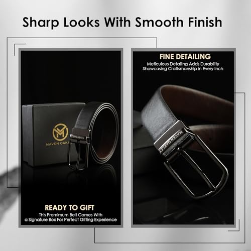 Image of Belts for Men Leather Original, Reversible Black & Brown Formal & Casual Italian Leather Belt with Solid Metal Curved Buckle