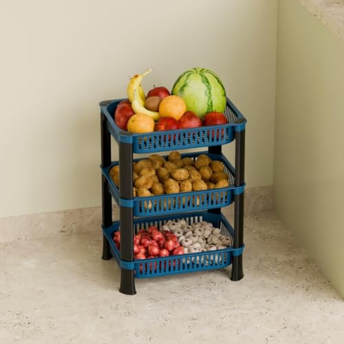 Image of Multipurpose Plastic Storage Rack for Kitchen | Foldable Vegetable & Fruit Organizer Stand for Onion, Potato, Sabji | Countertop Multi-Layer Basket Rack for Home, (Blue, 3 layer)