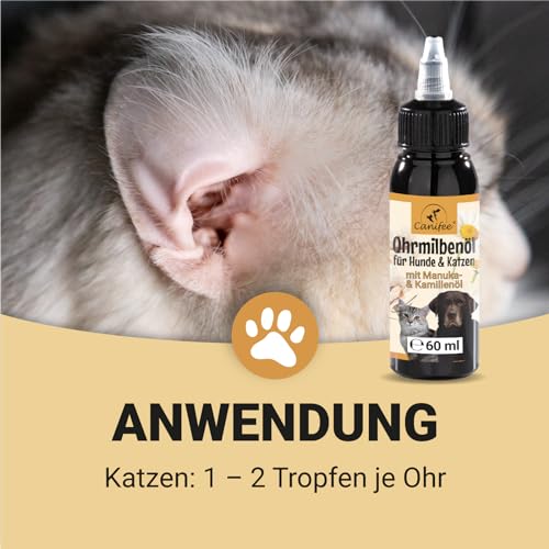 Canifee - Ohrentropfen für Hunde und Katzen, Ohrenmilbenöl mit Manuka-Öl bei Hefepilz und Ohrmilben, 60ml Flasche mit fein einstellbarem Dosierkopf, natürliches Pflegeöl gegen Entzündungen