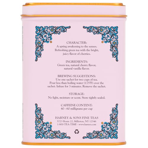 Image of Harney & Sons Caffeinated Blossom Green Tea Tin Sachets Pink 31629, Cherry, 20 Count (Pack of 4)