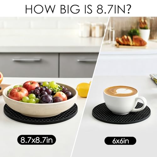 Image of 4 Pack Silicone Trivet Mats, 8.7 Inch Flexible Heat Resistant Silicone Hot Pads Pot Holders for Kitchen Counter, Round Trivets for Hot Dishes - Potholders Jar Opener(Black)