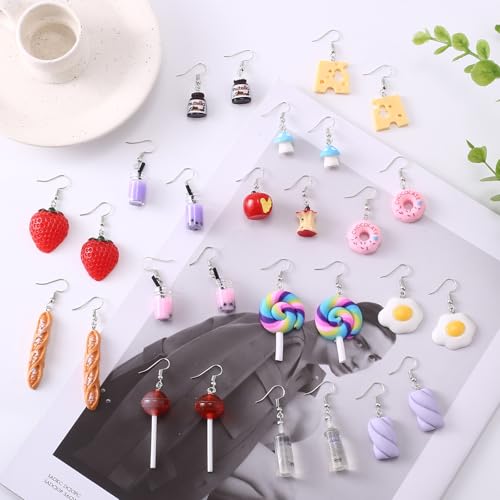 30 Pairs Weird Funny Earrings Set for Teens Girls Cute Fun Dangle Earrings for Women Mushroom Strawberry Daisy Donut Boba Food Animal Earrings Funky Aesthetic Earrings Kidcore Accessories 6