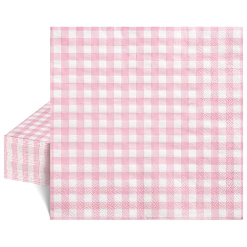 Lot de 40 serviettes en papier Vichy rose de 16,5 cm - 2 plis - Serviettes en papier jetables pour mariages, fêtes prénatales, pique-niques et décorations...