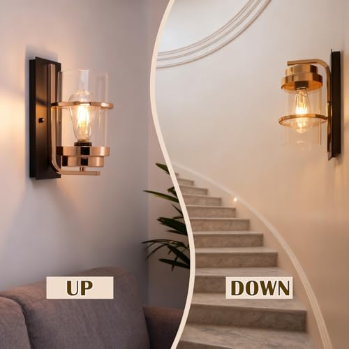Image of Rose Gold and Black Wall Sconce, Modern Vanity Light Fixture | Hardwired,E26 base,mid-century clear glass sconce for mirror.hallway.bathroom.fireplace