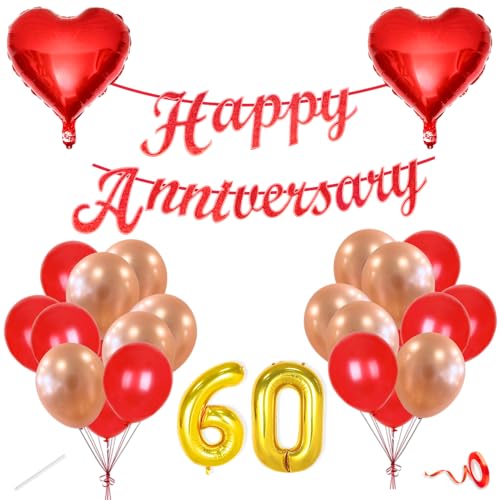 Image of Flyloons 60th Happy Anniversary Decoration Items Red Rose Gold for Women Husband Wife Mom Dad Couple Bedroom Car With 20 Pcs Metallic Balloons Anniversary Banner 2 Pcs Heart Set Kit Diamond Jubilee