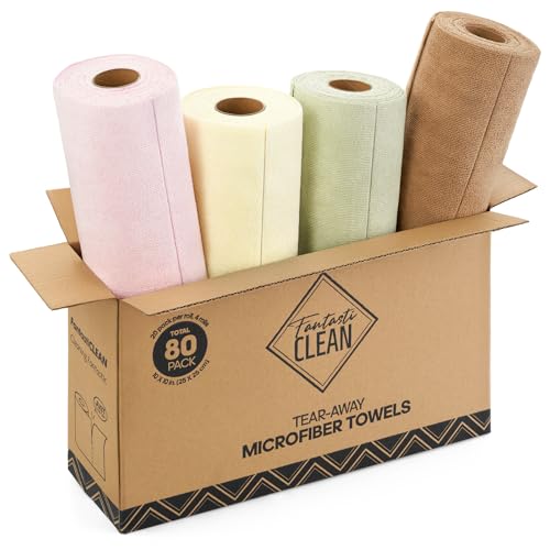 Fantasticlean Tear-Away Dish Cloth- 80 Sheets, 4 Rolls - 10'' by 10'', Reusable Washable Kitchen Towels, Super Absorbent Microfiber Cleaning Cloths (Pink,Grayish,Beige,Tan) 10x10 inches Pink