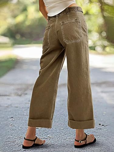 Flamingals Roll Hem Women Mid Waist Comfort Stretch Wide Leg Crop Pants Casual Button Detail Pocket3