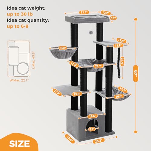 Image of MUTTROS Large Cat Tree-67 Maine Coon Cat Tower for Indoor Cats Large Adult with 7 Thick Black Scratching Posts (φ4.3), Multi-Level Condo, Big Perch & Hammocks -Black