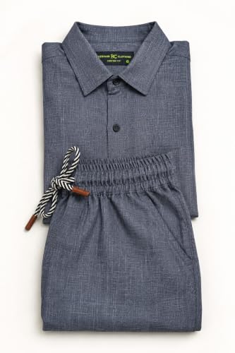 Image of Men's Premium Linen Co-Ord Set | Regular Fit Full Sleeve Solid Shirt with Drawstring Trouser | Breathable Linen Casual Outfit for Summer, Travel, Beach, Vacation & Daily