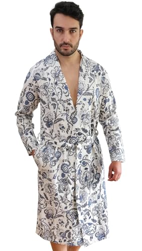 Men’s Lounge Robe & Shorts Set - Gabriel Linen Printed Almondine - Crafted in Europe